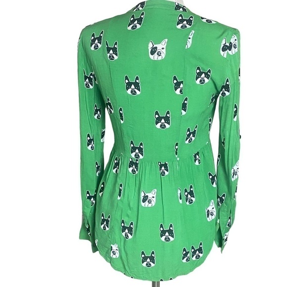 Maeve Anthropologie French bull dog blouse size 0 green - Picture 5 of 7